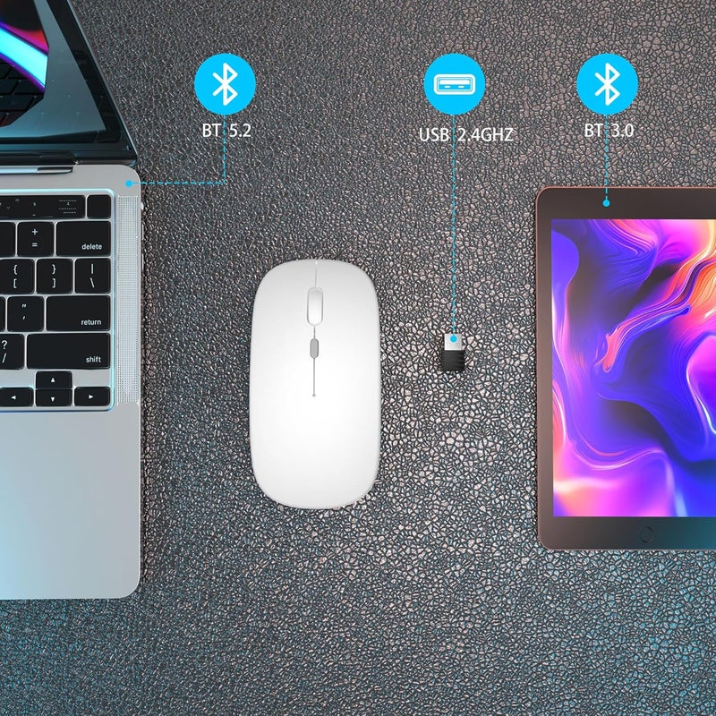AOLIKOKO فأرة بلوتوث لاسلكية قابلة لإعادة الشحن للكمبيوتر المحمول (بلوتوث 5.2 و USB 2.4G) اتصال مزدوج صامت نحيف لفأرة الكمبيوتر للكمبيوتر المحمول / جهاز iPad اللوحي / Apple MacBook / PC (أبيض ساطع) - Image 5